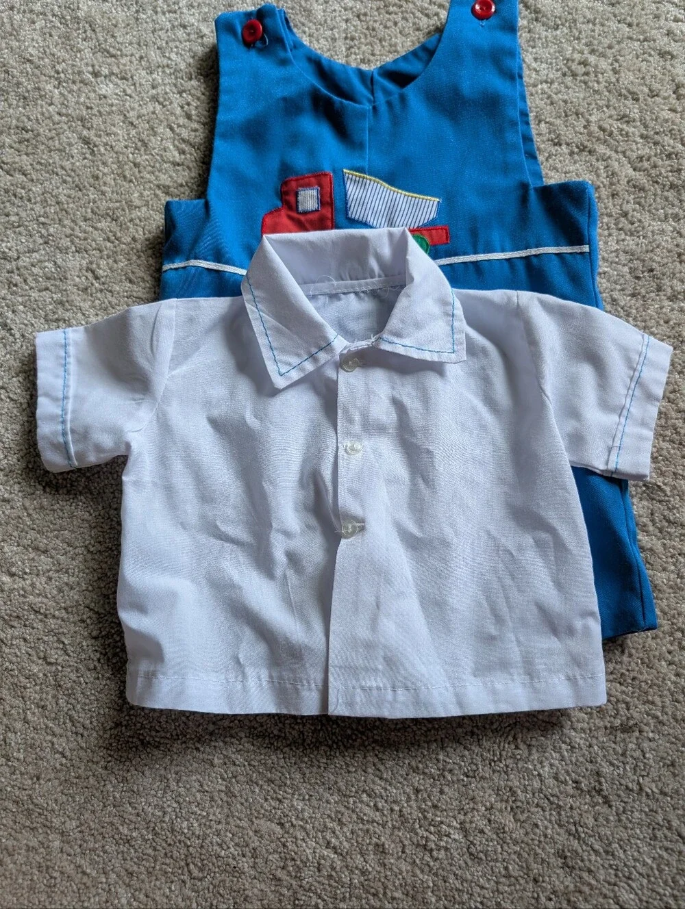 12 Month Blue Vintage Jon Jons Shortalls Set with Red Truck Appliqué Handmade